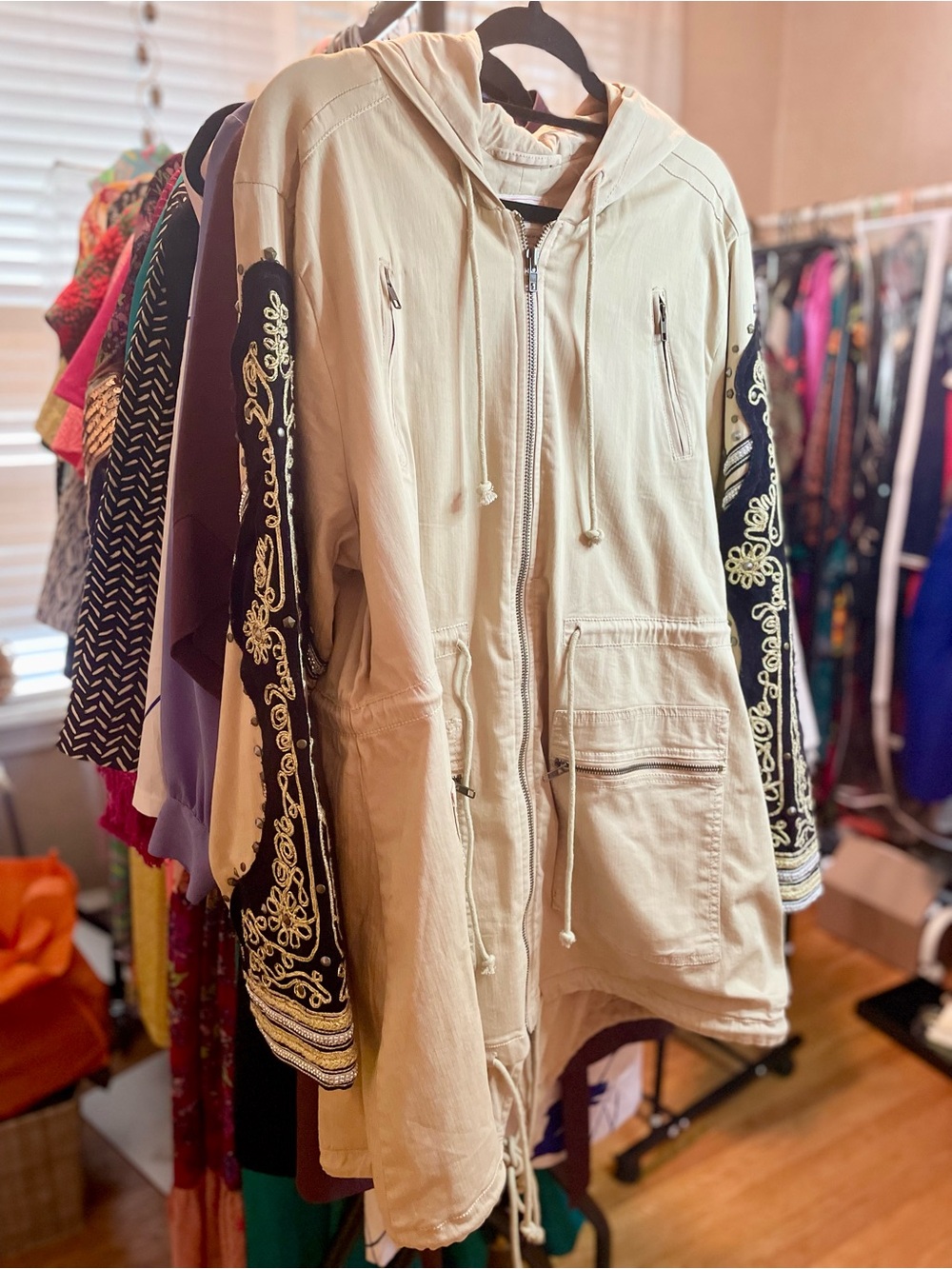 We The Free Golden Quills Embellished Military Jacket in Cream